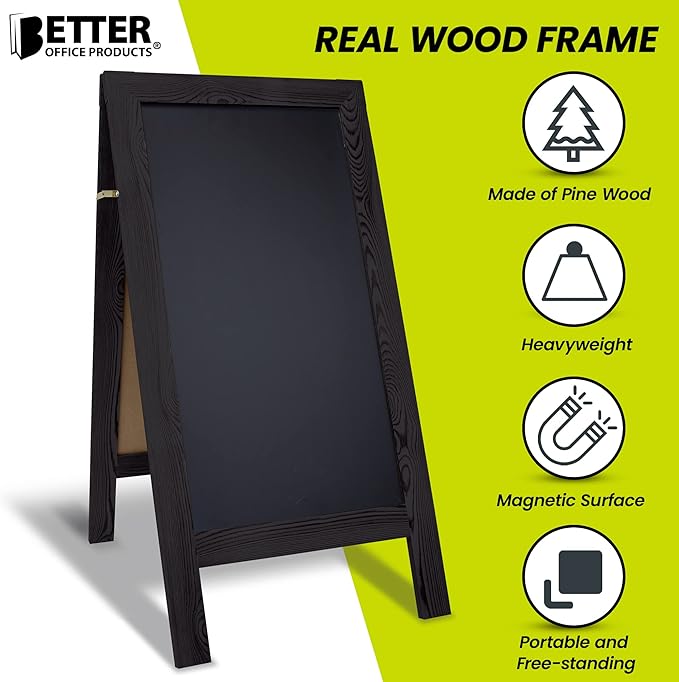 Better Office Products Magnetic A-Frame Chalkboard Sign, Extra Large 20" x 40", Standing Chalkboard Easel, with Chalk Marker + Chalk & Eraser, Sandwich Board Outdoor Sidewalk Sign,(Black)