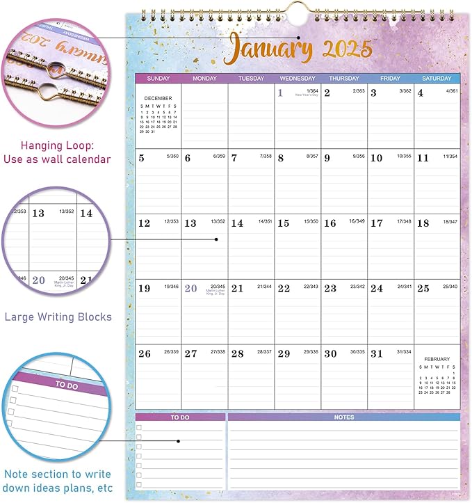 2025 Wall Calendar - Wall Calendar 2025, 12" x 17", Jan.2025 - Dec.2025, 2025 Calendar with 12 Months, Twin-Wire Binding + Hanging Hook + Large Ruled Blocks with Julian Dates