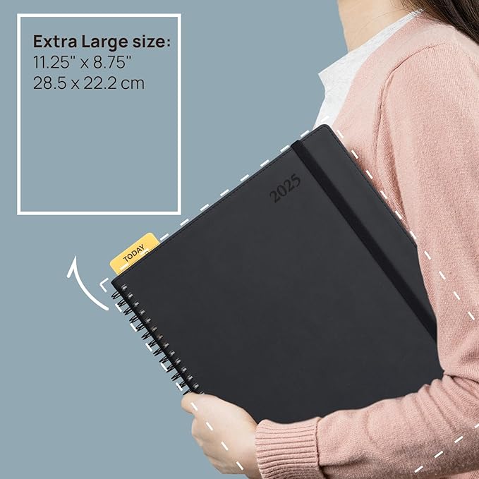 POPRUN 2025 Monthly Calendar Spiral Bound with Monthly Tabs 8.5" x 11", Large Writing Space Monthly Planner with PU Leather Soft Cover, Dual Pockets, Sunday Start - Black