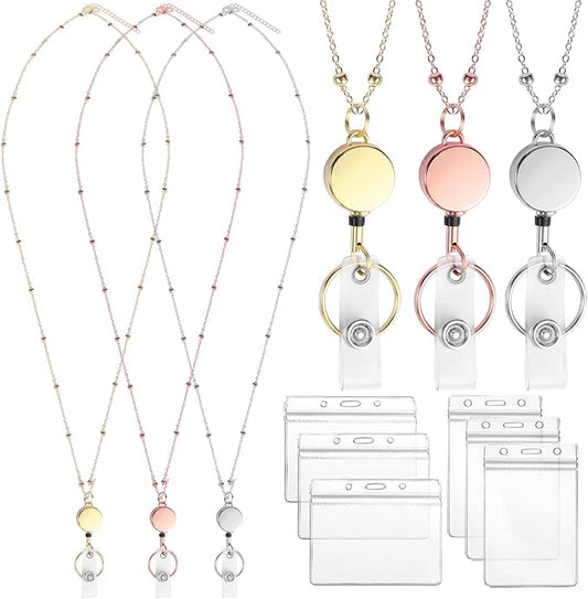 Lanyards for Id Badges 3 Pack Badge Lanyard with 6 Pcs Id Badge Holder Retractable Stainless Steel Teacher Lanyards Cruise Ship Lanyards for Girl Women (Silver, Gold, Rose Gold)