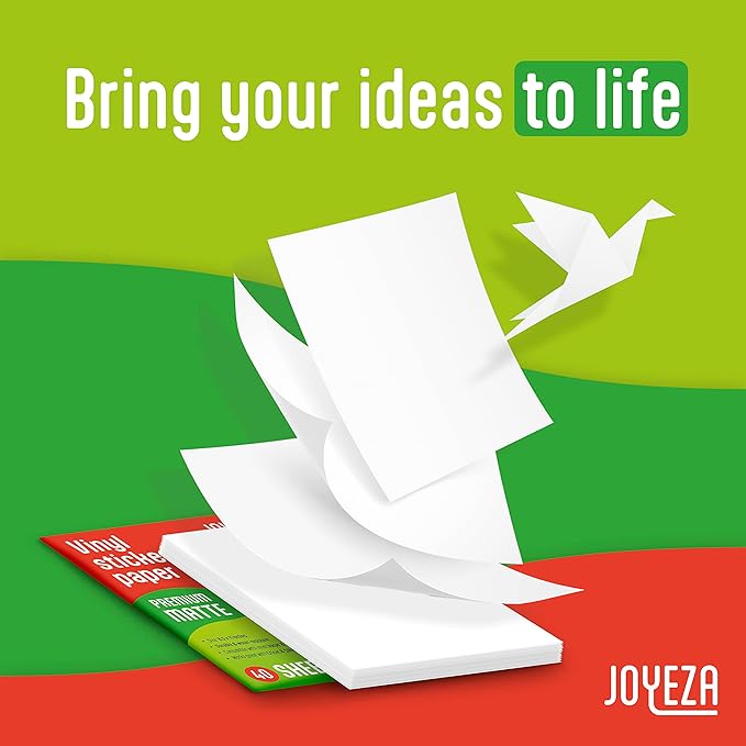 JOYEZA Premium Printable Vinyl Sticker Paper for Inkjet Printer - 40 Sheets Matte White Waterproof, Dries Quickly Vivid Colors, Holds Ink Well- Tear Resistant - Inkjet & Laser Printer