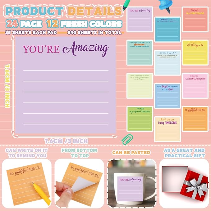 Yinder 24 Pcs Employee Appreciation Sticky Notes Thank You Gifts Bulk Note Pads with Sayings Teacher Gift Mini Pocket Inspirational Notepads for Coworker Office Supply 3 x 3''(Pastel,Thanks)