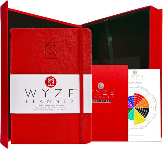 Pro - Goal Setting Planner to Increase Productivity and Achieve Personal and Business Goals. 12 Month Undated Daily, Weekly and Monthly Journal Organizer with Calendar (Red)