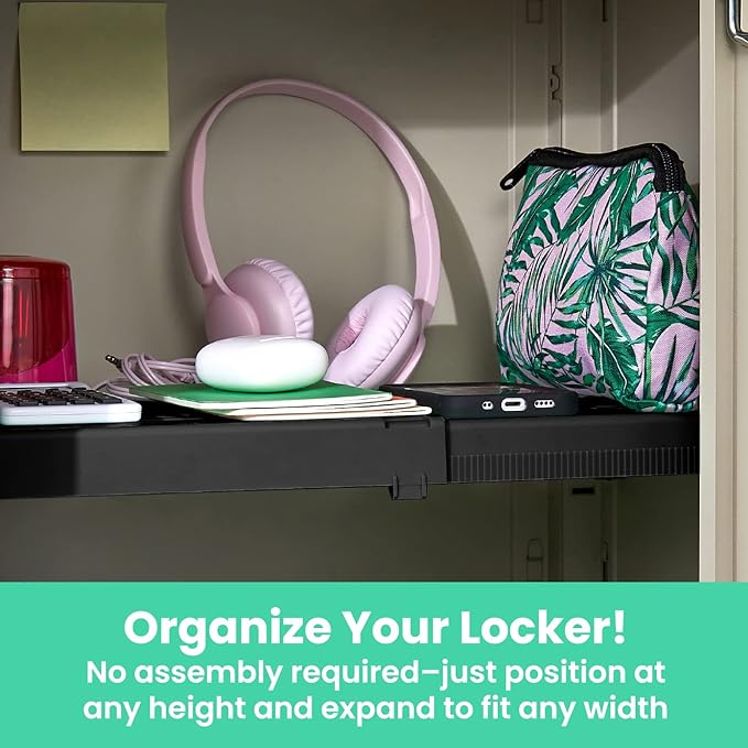 LockerMate Adjust-A-Shelf Locker Shelf, Easy to Use, Extends to Fit Your Locker, Black