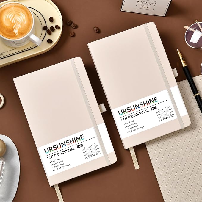 Dotted Journal/Notebook - Dot Grid Hard Cover Notebook, Premium Thick Paper with Fine Inner Pocket, Black Smooth Faux Leather, Pen Loop, 5.3'' x 8.26'' - Vanilla