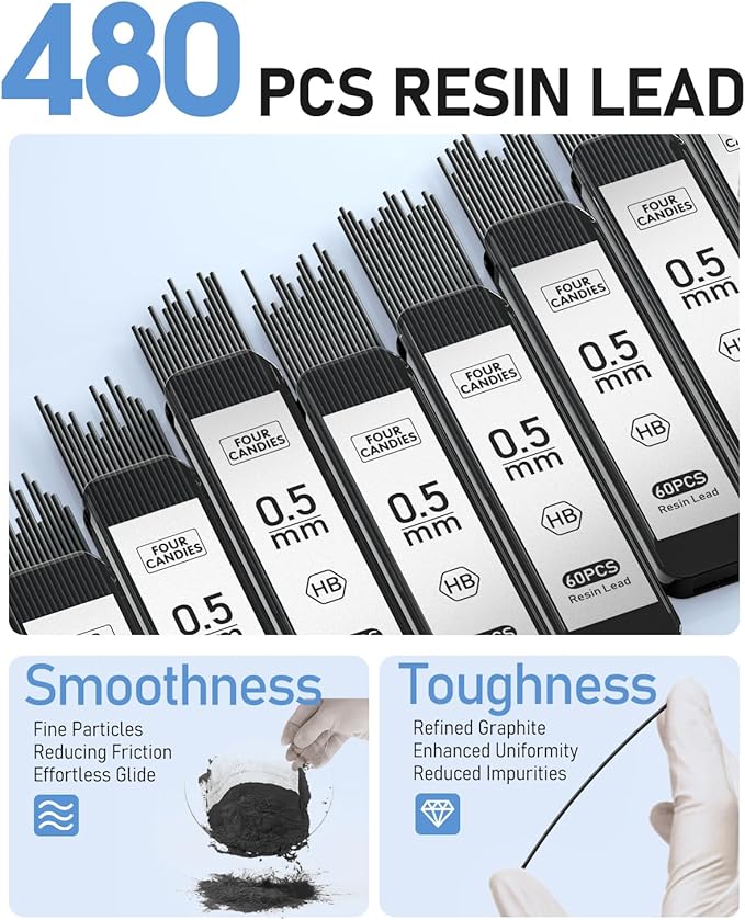 Four Candies 0.5mm Mechanical Pencil Set with Case, 3PCS Metal Artist Lead Pencil with 8 Tubes (480PCS) HB Lead Refills, 3 Erasers, 9 Eraser Refills For Engineer Art Writing Drawing Drafting, Silver