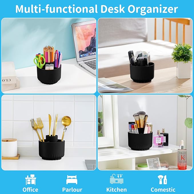 Marbrasse Desk Organizer, 360-Degree Rotating Pen Pencil Holder for Desk, Desk Organizers and Accessories with 5 Compartments Pencil Organizer, Art Supply Storage Box Caddy for Office, Home (Black)
