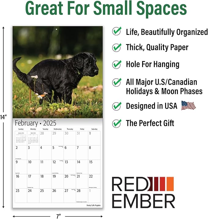 RED EMBER Dooty Calls Puppies Mini 2025 Wall Calendar 12 Month Funny Secret Dirty Santa White Elephant Yankee Swap | 7" x 14" Open | Thick & Sturdy Paper | Giftable | Calendar 2025