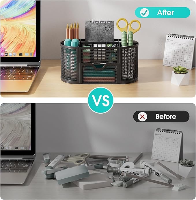 MaxGear Desk Organizer, Pencil Holder for Desk with Drawer, 9 Compartments, 8.75" x 4.5" x 4" Metal Mesh Stationary Organizer, Black Desk Caddy for Office, School & Home