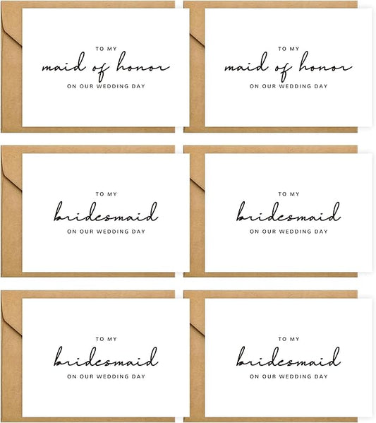 6 Pieces Bridesmaid Proposal Cards with Envelopes, 4 Pieces To My Bridesmaid On Our Wedding Day Cards and 2 Pieces To My Maid Of Honor On Our Wedding Day Cards.(Bridesmaid - 6cards B)