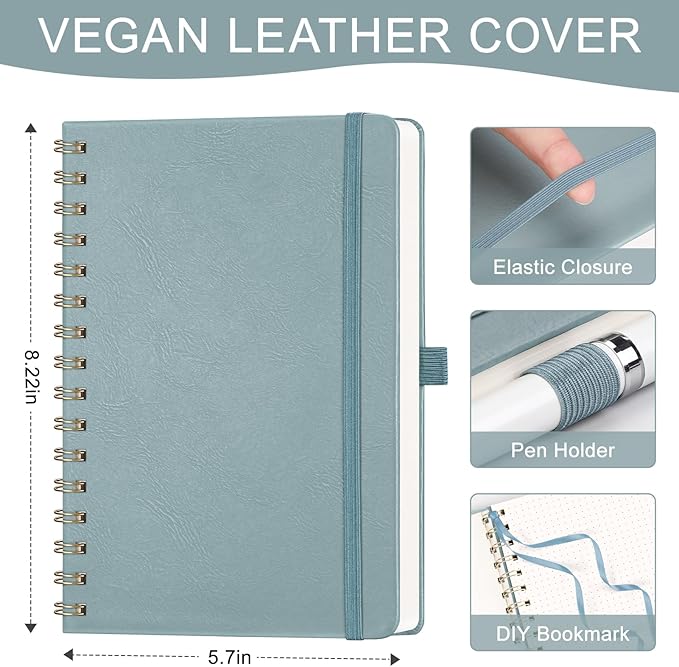 AHGXG Bullet Dotted Journal Spiral Notebook, Hardcover Leather Dotted Notebook 140 Pages, A5 Dot Grid Paper Notebook, 100 gsm Thick Paper, for Bullet Journaling, 5.7" x 8.3", GrayBlue