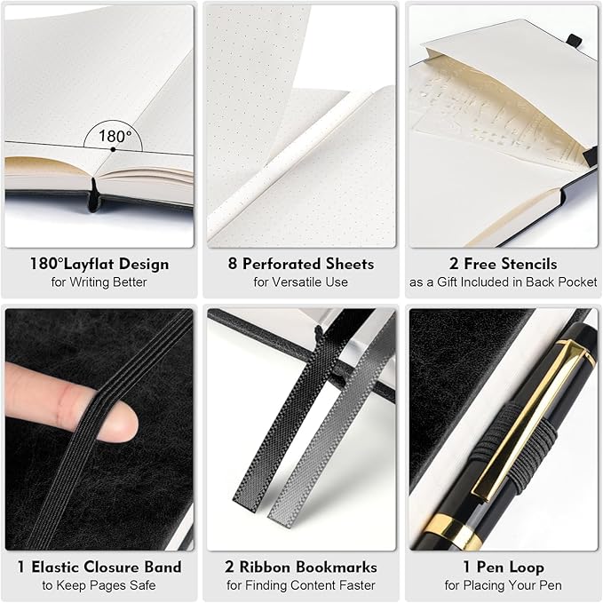 Bullet Dotted Journal Notebook, 312 Numbered Pages A5 Hardcover Leather Journal, 100gsm No Bleed Paper Dot Grid Notebook with Index Pages, Dot Journal for Women Men, 5.75" x 8.38", Black