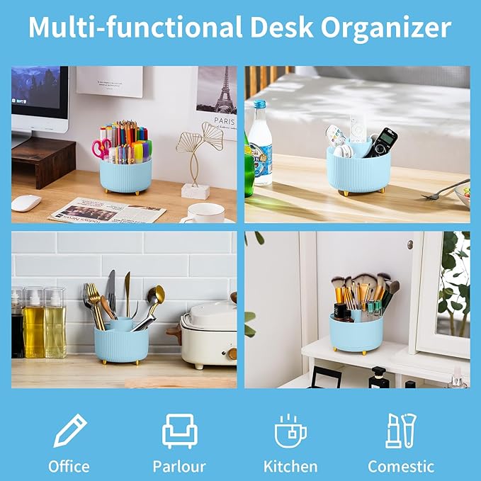 Marbrasse Desk Organizer, 360-Degree Rotating Pen Holder for Desk, Desk Organizers and Accessories with 5 Compartments Pencil Organizer, Art Supply Storage Box Caddy for Office, Home (Light Blue)