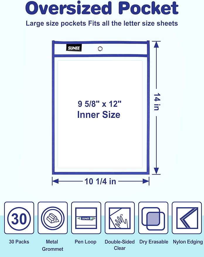 SUNEE 35 Packs Oversized Reusable Dry Erase Pocket Sleeves with 2 Rings, 10 Assorted Colors 10x14 Ticket Holders, Clear Plastic Sheet Protectors, Teacher School Classroom Supplies