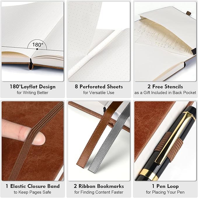 Bullet Dotted Journal Notebook, 312 Numbered Pages A5 Hardcover Dotted Notebooks, 100gsm No Bleed Paper Dot Grid Notebook with Index Pages, Dot Journal for Women Men, 5.75" x 8.38", Brown