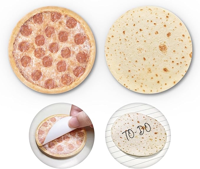 Funny Sticky Notes Cute 2 Pads, Fun Sticky Note Pads Burrito & Pizza Design, Cute Sticky Notes Office Desk Gifts, Self-Stick Note Pads, Set of 2, Round
