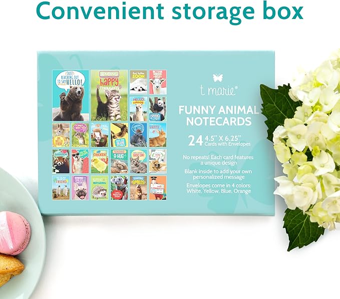 T MARIE 24 Funny Animal Greeting Cards - Humorous Designs with No Repeats - 4.5” x 6.25” Bulk Note Cards for Friends, Kids, Students, Teachers, Summer Camp and More