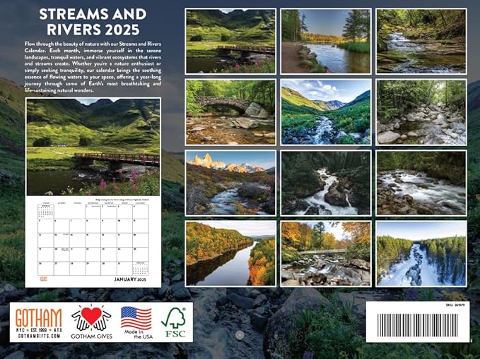 Stream and Rivers Calendar 2025 Monthly Wall Calender 12 Month | American Made In The USA