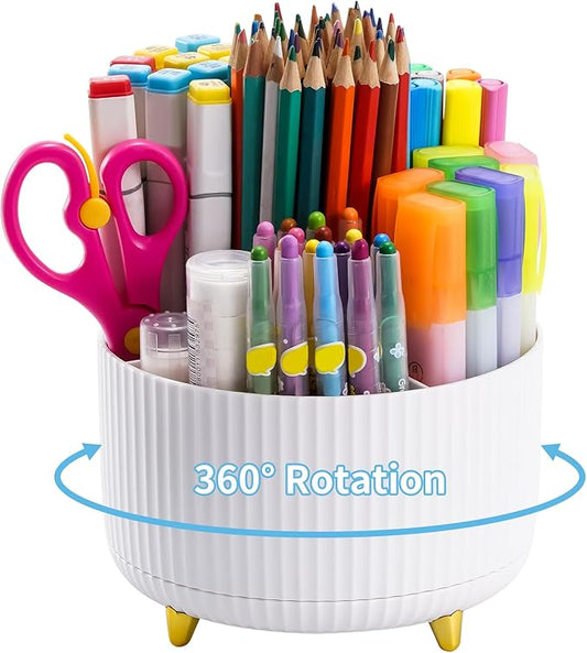 Marbrasse Desk Organizer, 360-Degree Rotating Pen Holder for Desk, Desk Organizers and Accessories with 5 Compartments Pencil Organizer, Art Supply Storage Box Caddy for Office, Home (White)