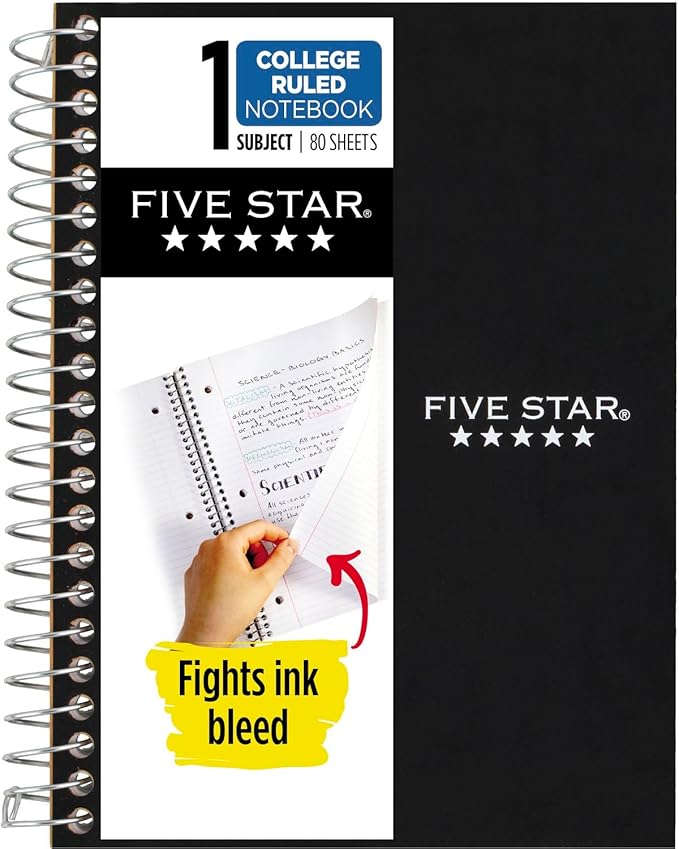 Five Star Spiral Notebook, 1 Subject, College Ruled Paper, 7" x 4-3/8", Personal Size, 80 Sheets, Black (450048AA2-ECM)