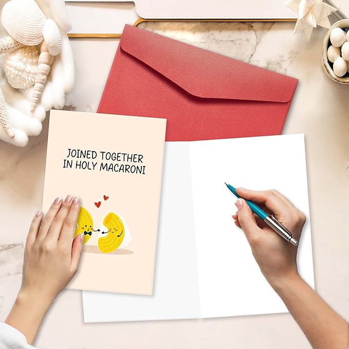 Cute Macaroni Pun Engagement Card, Funny Wedding Card for Bride and Groom, Wedding Gift Card for Newlyweds, Bridal Shower Card for Him Her, Joined Together in Holy Macaroni