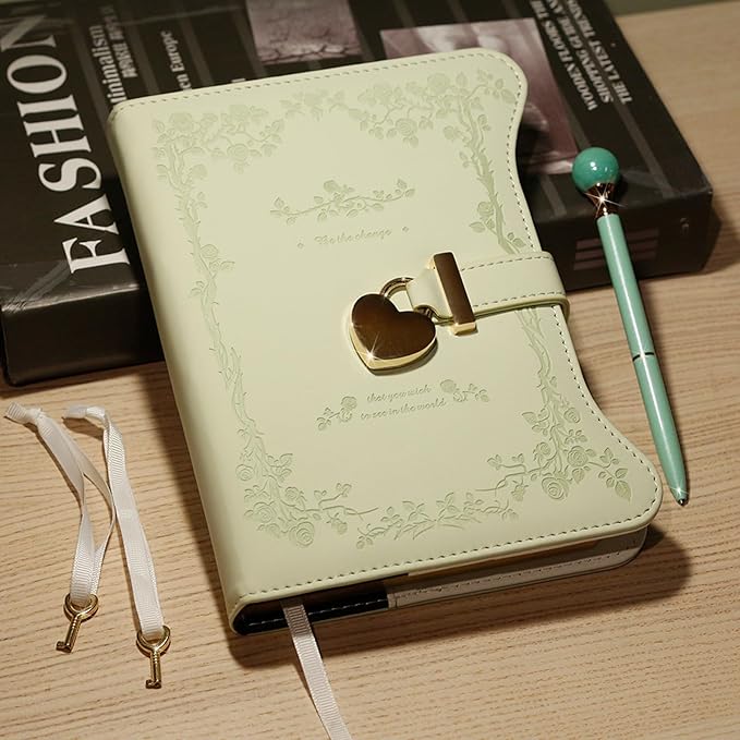 Diary with Lock and Keys for Girls Gift Ideas, 360 Gold Edged Pages Journal for Women, B6 Refillable Notebook for Writing with Pen and Bookmark (Garden Matcha)