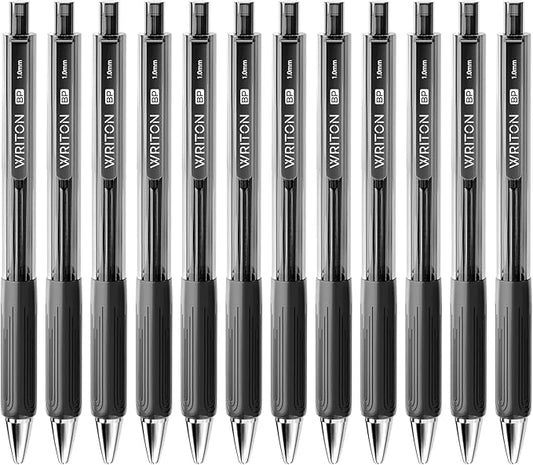 Writon Retractable Ballpoint Pens, Triangle Grip and Barrel, 1.0mm Medium Point, Black Ink, 12 Pack