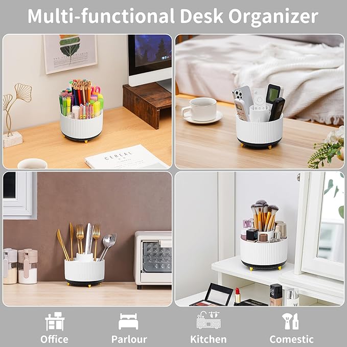 Marbrasse Desk Organizer, 360-Degree Rotating Pen Holder for Desk, Desk Organizers and Accessories with 5 Compartments Pencil Organizer, Art Supply Storage Box Caddy for Office, Home (White+Black)