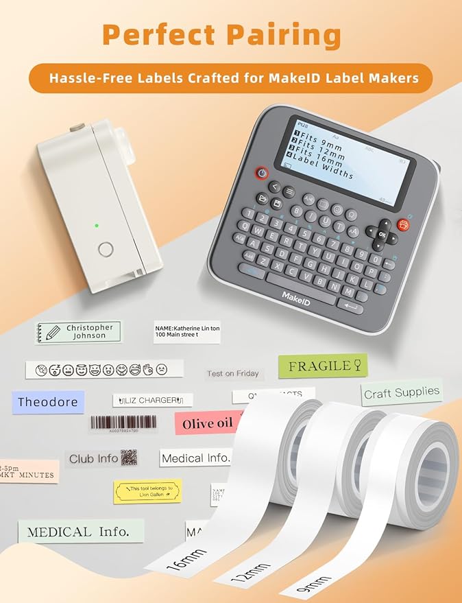 MakeID L1 E1 Q1 Label Maker Tape Refills, 3-Roll 9/12/16mm Continuous Consumables Thermal Laminated Office Labeling Tape Replacement