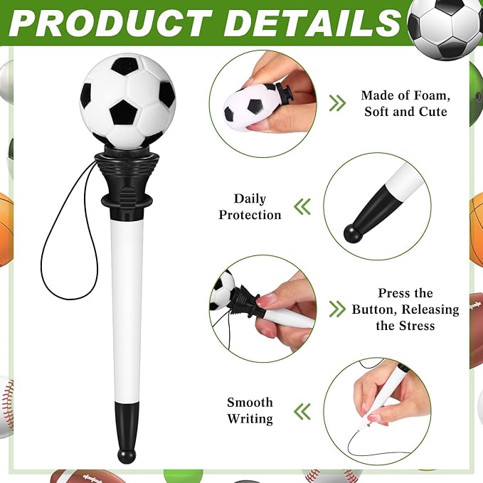 Lincia 24 Pcs Sport Funny Pen Hoop Ballpoint Novelty Bulk Plastic Sports Soccer Basketball Baseball Football Tennis Golf Themed Pen for Birthday Party School Award Party Favor Supplies(Soccer)