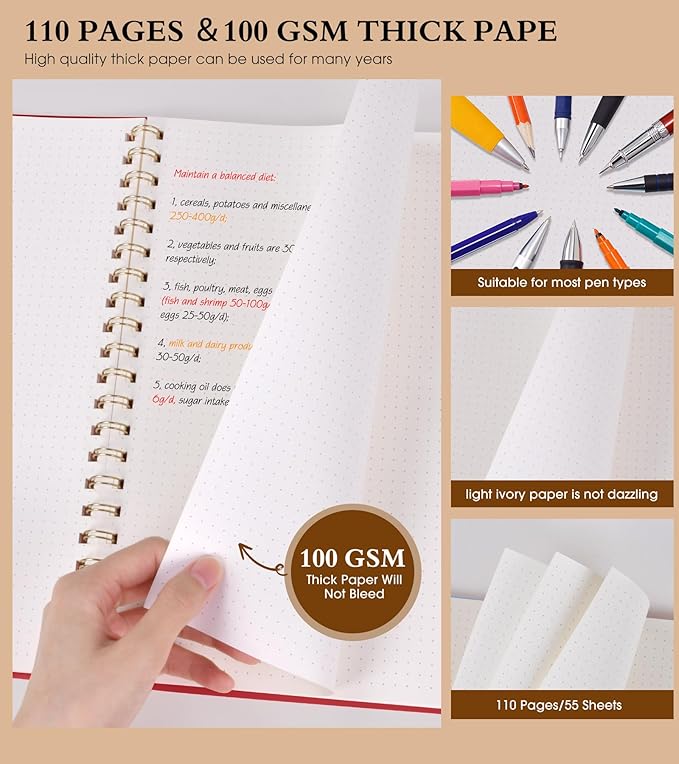 Dotted Notebook, Spiral Notebook Journal 8.5” x 11”, A4 Large Dot Grid Notebooks for Women Men, 100 GSM Dotted Paper, Plastic Hardcover Spiral Bullet Dotted Journals for Work School Sketching, Red