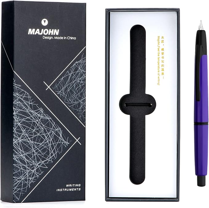 Majohn A2 Press Fountain Pen Extra Fine Nib with Box, Retractable Purple Resin Ink Pen with Converter Writing Set (Black Clip Version)
