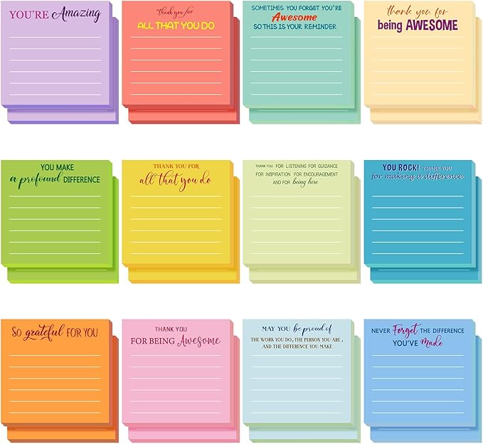 Yinder 24 Pcs Employee Appreciation Sticky Notes Thank You Gifts Bulk Note Pads with Sayings Teacher Gift Mini Pocket Inspirational Notepads for Coworker Office Supply 3 x 3''(Pastel,Thanks)
