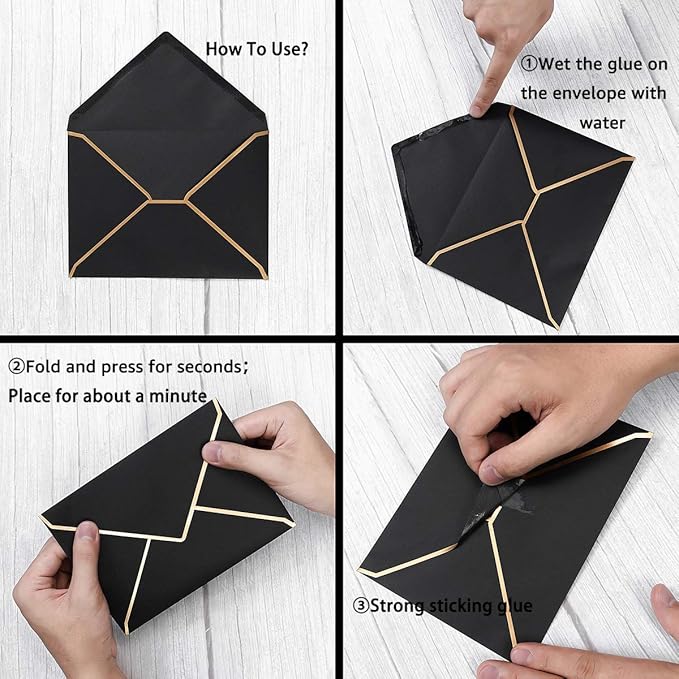 50 Pack Black A6 Envelopes 4x6 Self-Adhesive V Flap Envelopes with Gold Border for Office, Greeting Card, Wedding, Graduation, Baby Shower, Parties, Invitations (Black, 4x6)