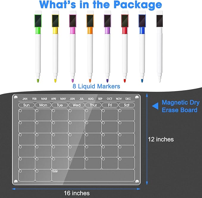 Magnetic Acrylic Calendar for Fridge Refrigerator Monthly Dry Erase Board w/ 8 Markers & Magnetic Pen Holder, Organic Glass Clear Planning Whiteboard Workout Board Meal Planner Magnetic 16x12''
