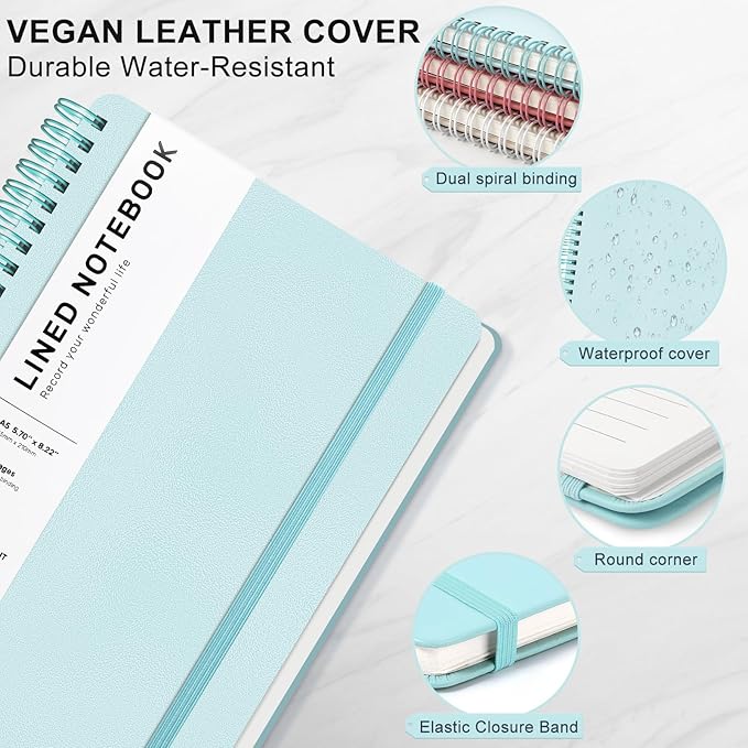 Light Green Lined Spiral Journal Notebook with 160 Pages, 8×5.7in, A5 Spiral Notebook, Journaling Notebooks for Work, School, Women, Men, College Ruled Spiral Notebook, Hardcover Leather Journals