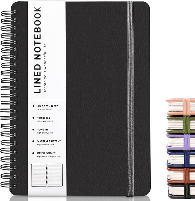 Black Lined Spiral Journal Notebook with 160 Pages, 8×5.7in, A5 Spiral Notebook, Journaling Notebooks for Work, School, Women, Men, College Ruled Spiral Notebook, Hardcover Leather Journals