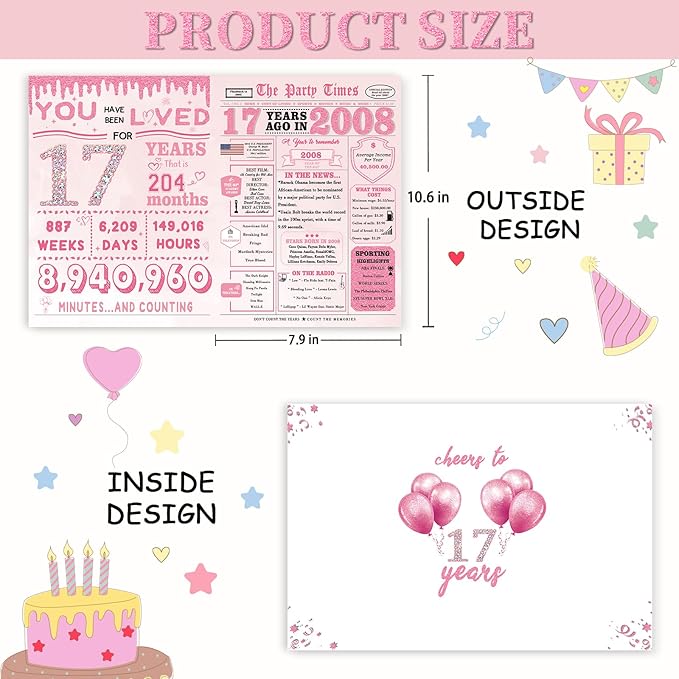 17th Birthday Decorations for Girls,17 Year Old Girl Birthday Gift Ideas,17th Bday Card,17 Year Old Bday Decorations for Daughter Granddaughter Niece