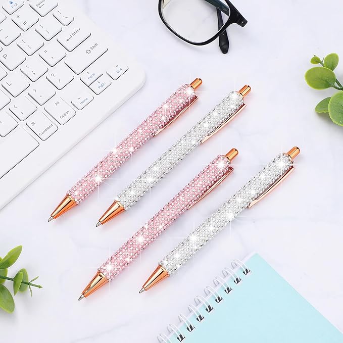 Ireer 4 Pcs Bling Rhinestone Sparkly Pens for Women Diamond Ink Crystal Glitter Metal Ballpoint Bedazzled Fancy Pens 4 Pcs 1.0mm Refills(Pink, White)