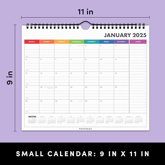 PAPERAGE Calendar 2025-12 Month (Rainbow), Minimalist Wall and Desk Calendar with Monthly Views and Yearly Plans – Small (9 in x 11 in)