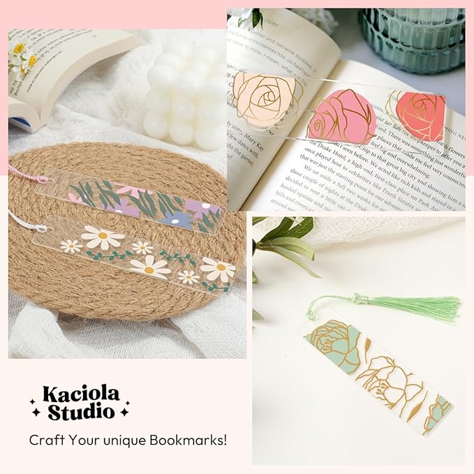 48PCS Bookmark Making Kit, 24 Acrylic Bookmark Blanks with 24Pcs Tassels, 24 UV Stickers About Flower Theme, DIY Blank Bookmarks Waterproof UV DTF Transfers Stickers for Clear Bookmarks DIY Projects