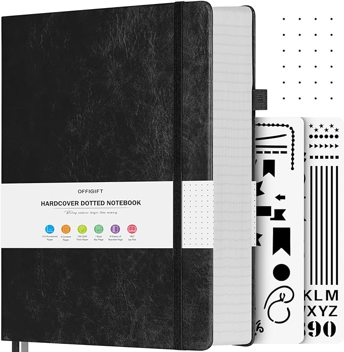 Dotted Journal Notebook, 312 Numbered Pages Large B5 Hardcover Leather Notebook, 100gsm No Bleed Paper Dot Grid Notebook with Index Pages, Dot Journal for Women Men, 7.6'' X 10'', Black