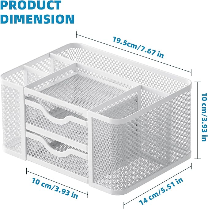 Marbrasse Mesh Desk Organizer, Pen Organizer with 2 Drawer, Multi-Functional Pencil Holder for Desk, Desk Organizers and Accessories with 5 Compartments + Drawer for Office Art Supplies (White)