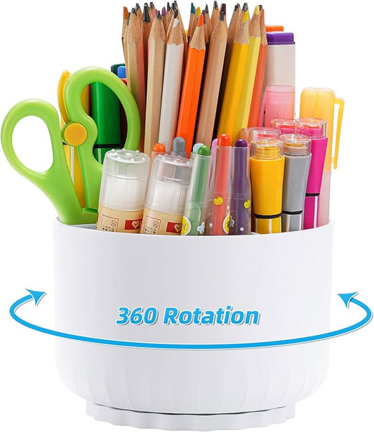 Marbrasse 360-Degree Rotating Pen Pencil Holder, Desk Organizer with 5 Compartments, Art Supply Storage Box Caddy for Office, Home (White)
