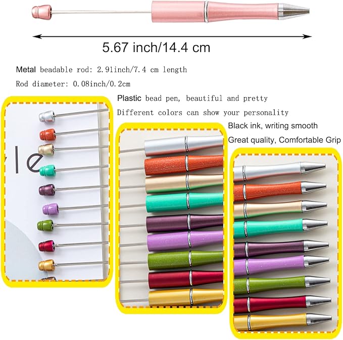 PASISIBICK 20 Colors Plastic Beadable Pens, Assorted Bead Pens for DIY PPL Gift with Shaft Black Ink, 20 Pieces