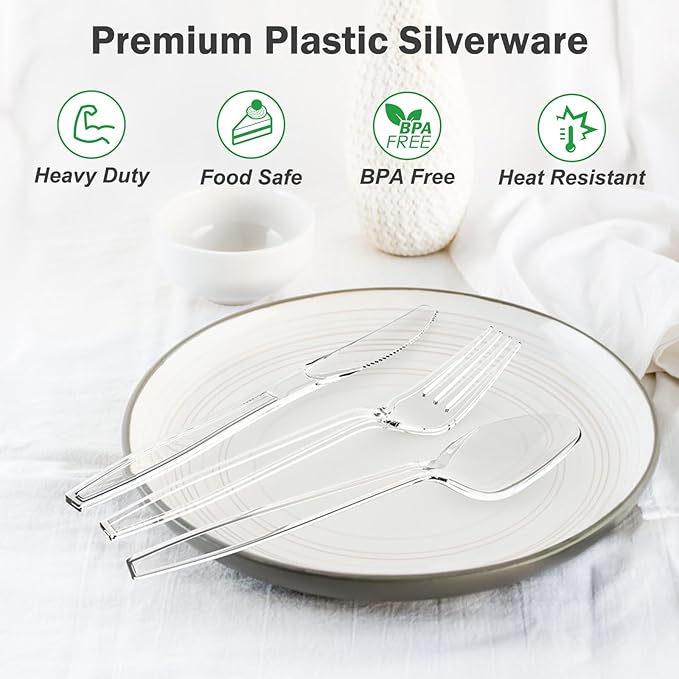 360 Count Extra Heavy Duty Clear Plastic Forks and Spoons, 180 Forks & 180 Spoons, Heat Resistant, Disposable Plastic Silverware, Disposable Spoons and Forks Set Plastic