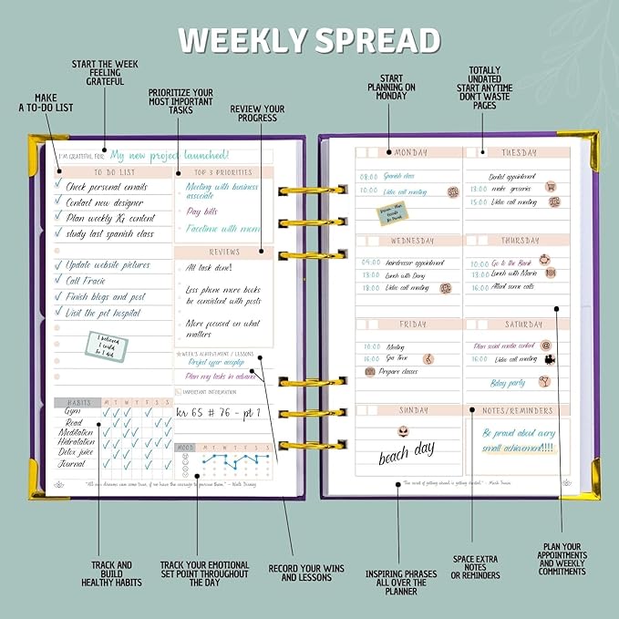Bossy Girl Journey - Goal Planner Undated Weekly and Monthly Journal - Habit And Budget tracker - A5 Size Format To Beat Procrastination, Stay More Focused and motivated & Ebook with tips. (Violet)