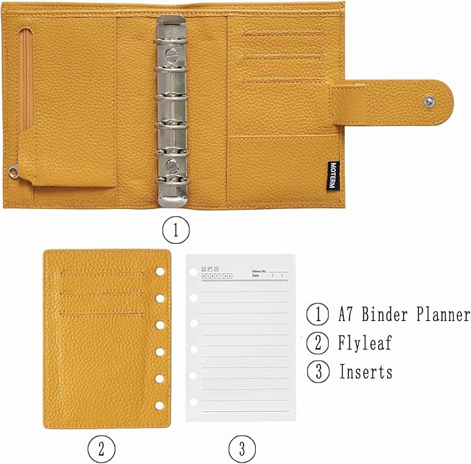 Moterm Pocket Regular Rings Planner - Genuine Leather Binder Organizer (Pebble-Mustard, 19mm Ring)