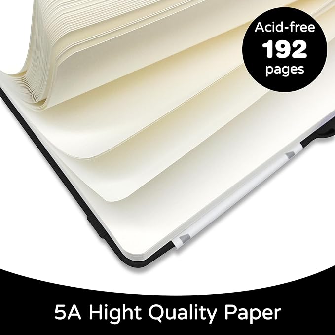 Blank Journal Notebook, A5, 192 Pages 100 GSM Thick Sketch Book for Women Men, Hardcover Leather Unlined Journaling for Work, Notebooks for Writing, 5.8 inches x 8.5 inches (Black)