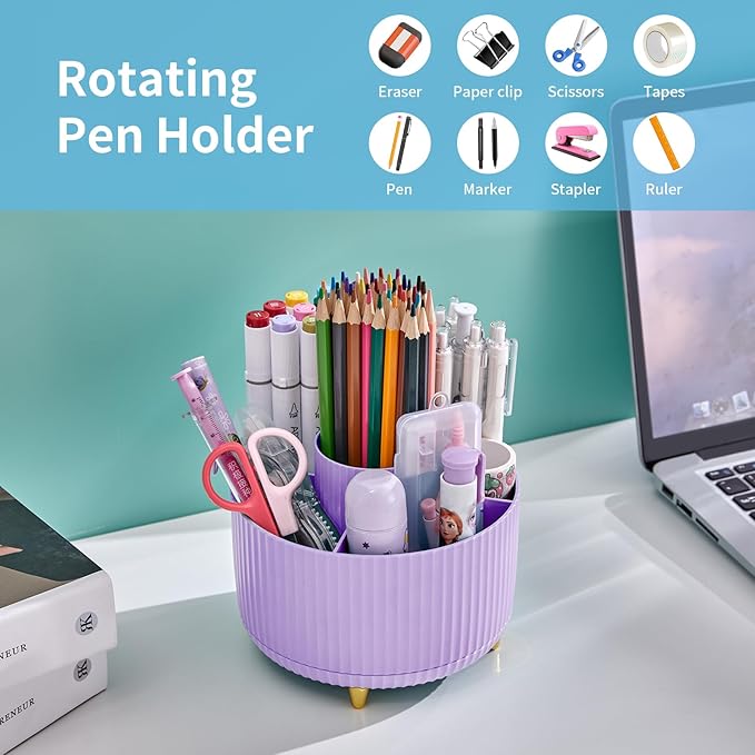 Marbrasse Desk Organizer, 360-Degree Rotating Pen Holder for Desk, Desk Organizers and Accessories with 5 Compartments Pencil Organizer, Art Supply Storage Box Caddy for Office, Home(Purple)